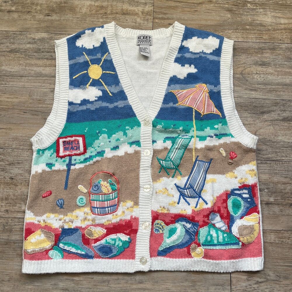 Vintage Sweater Vest Hand Embroider Beach Funky Unique Detailed Fun Medium Koret